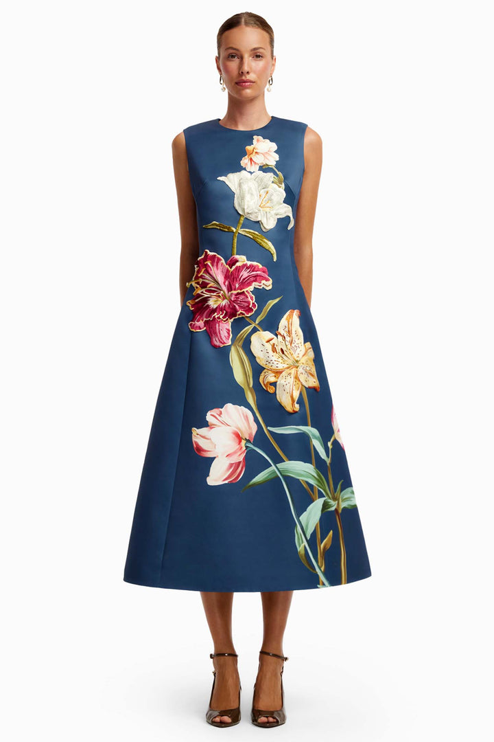 Cleo Embroidered Sleeveless Midi Dress in Lily Print in Indigo