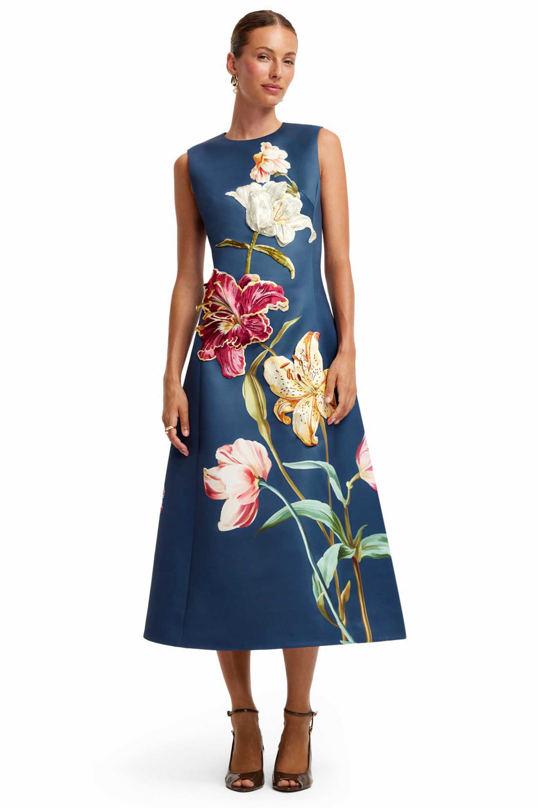 Cleo Embroidered Sleeveless Midi Dress in Lily Print in Indigo