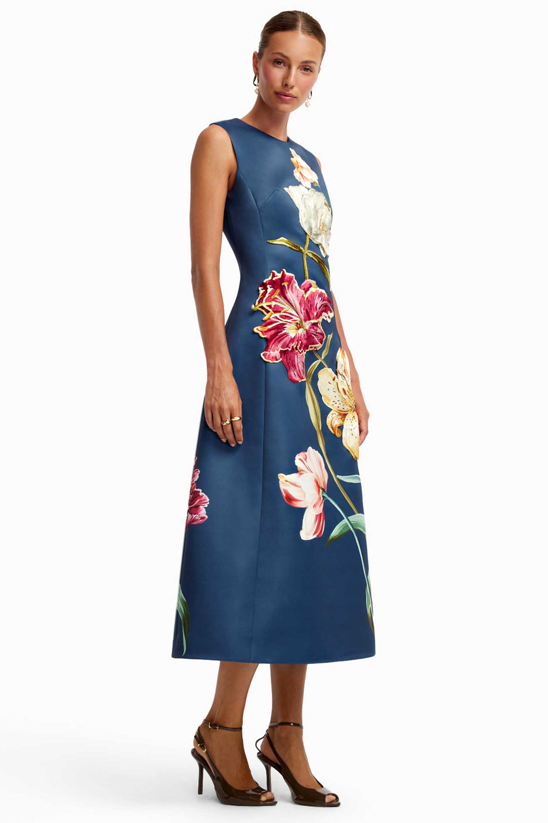 Cleo Embroidered Sleeveless Midi Dress in Lily Print in Indigo