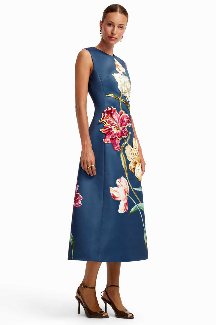 Cleo Embroidered Sleeveless Midi Dress in Lily Print in Indigo