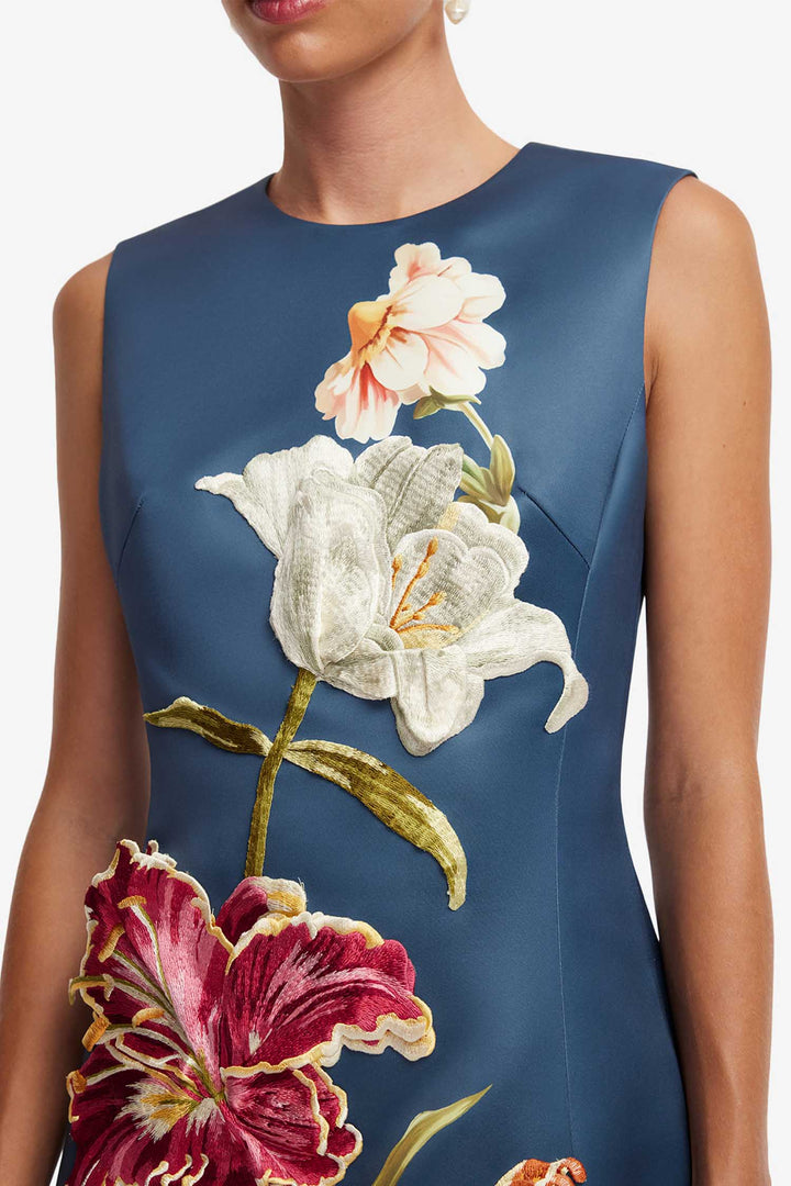 Cleo Embroidered Sleeveless Midi Dress in Lily Print in Indigo