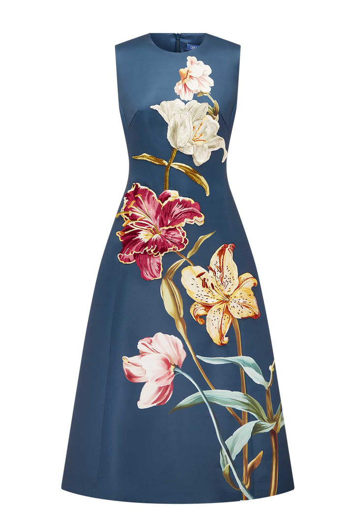 Cleo Embroidered Sleeveless Midi Dress in Lily Print in Indigo