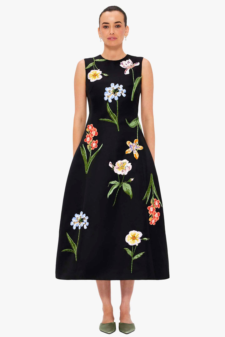Cleo Embroidery Midi Dress - Botanical Print in Ebony