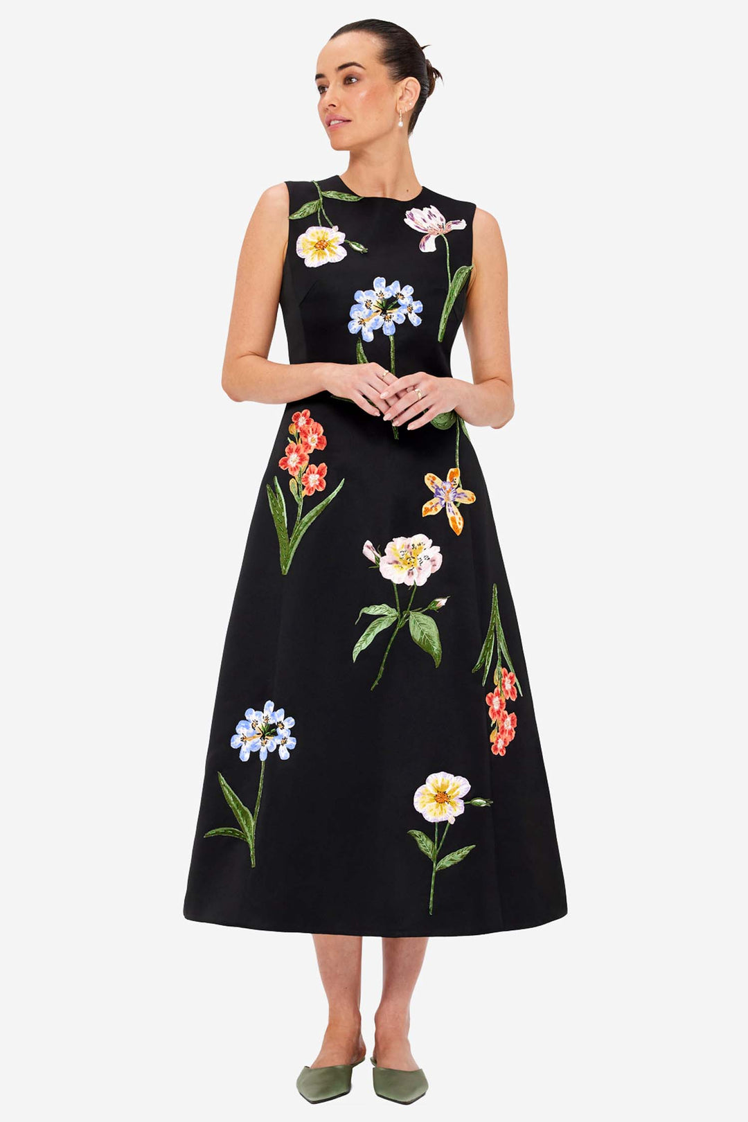 Cleo Embroidery Midi Dress - Botanical Print in Ebony