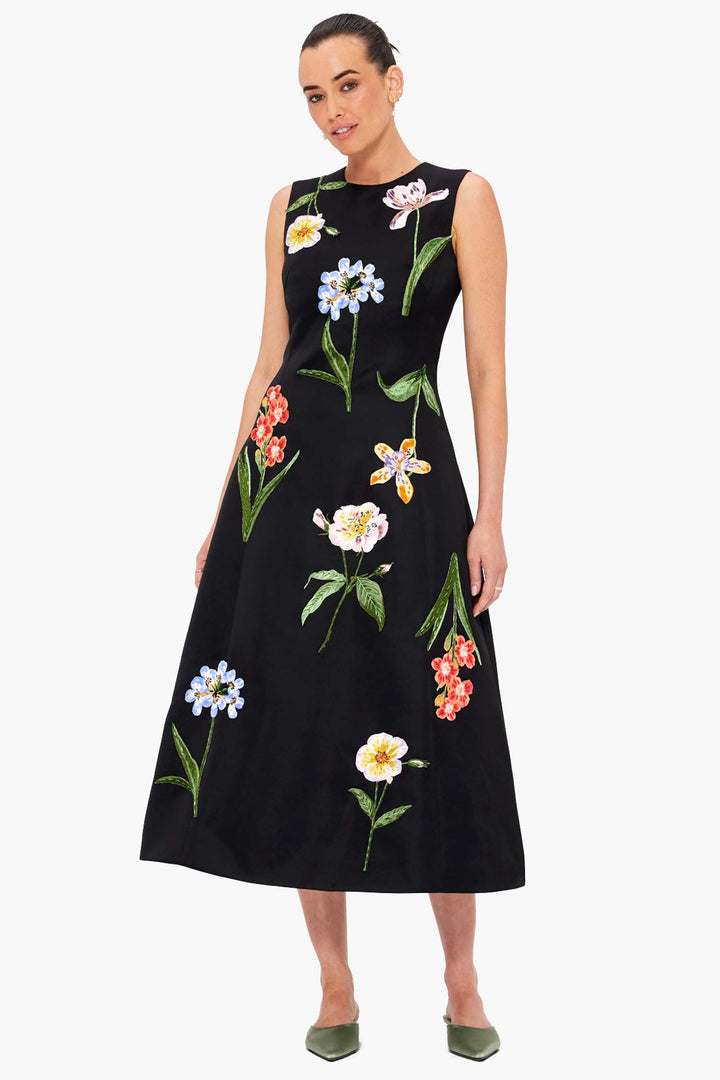 Cleo Embroidery Midi Dress - Botanical Print in Ebony