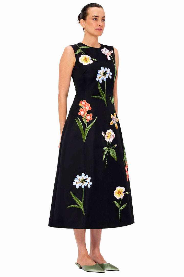 Cleo Embroidery Midi Dress - Botanical Print in Ebony