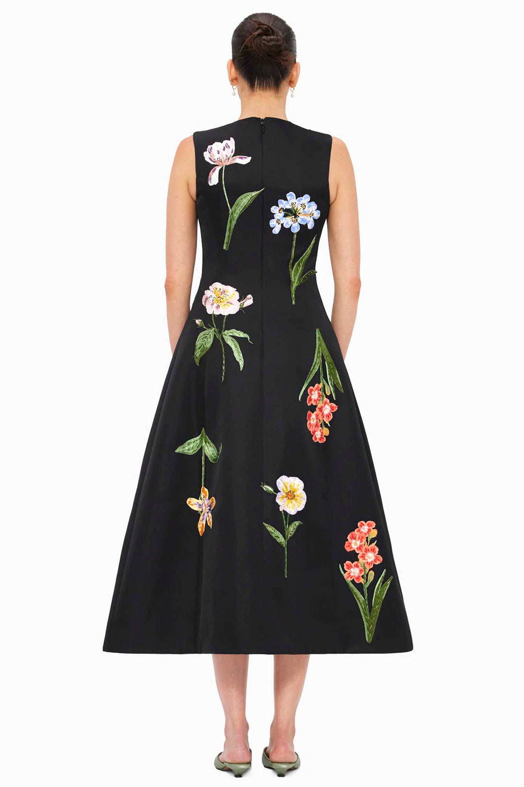 Cleo Embroidery Midi Dress - Botanical Print in Ebony