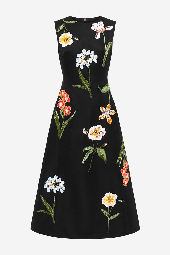Cleo Embroidery Midi Dress - Botanical Print in Ebony