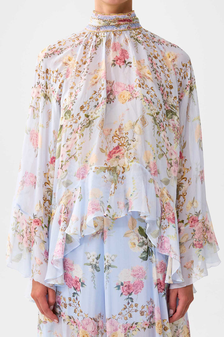 Collared LS Top w Ruffles in Tiled In Time