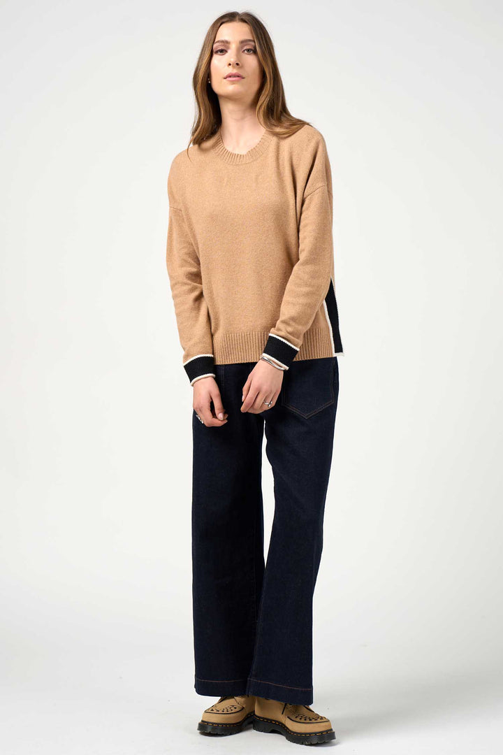 College Sweater in Camel Black Stripe