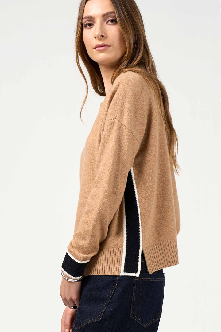College Sweater in Camel Black Stripe