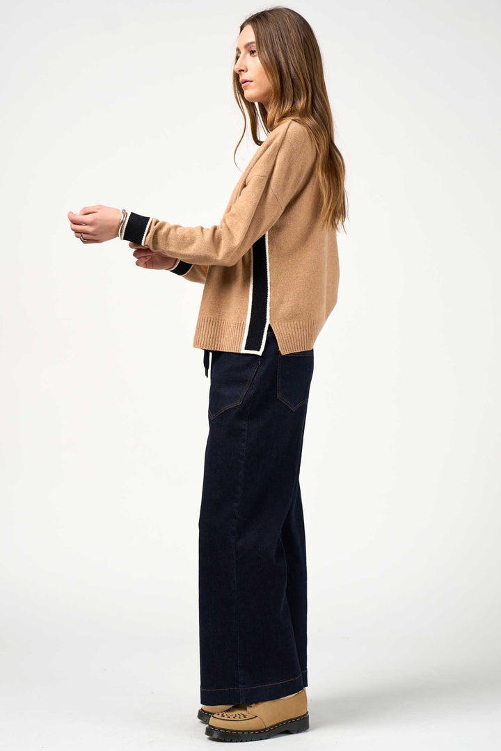 College Sweater in Camel Black Stripe