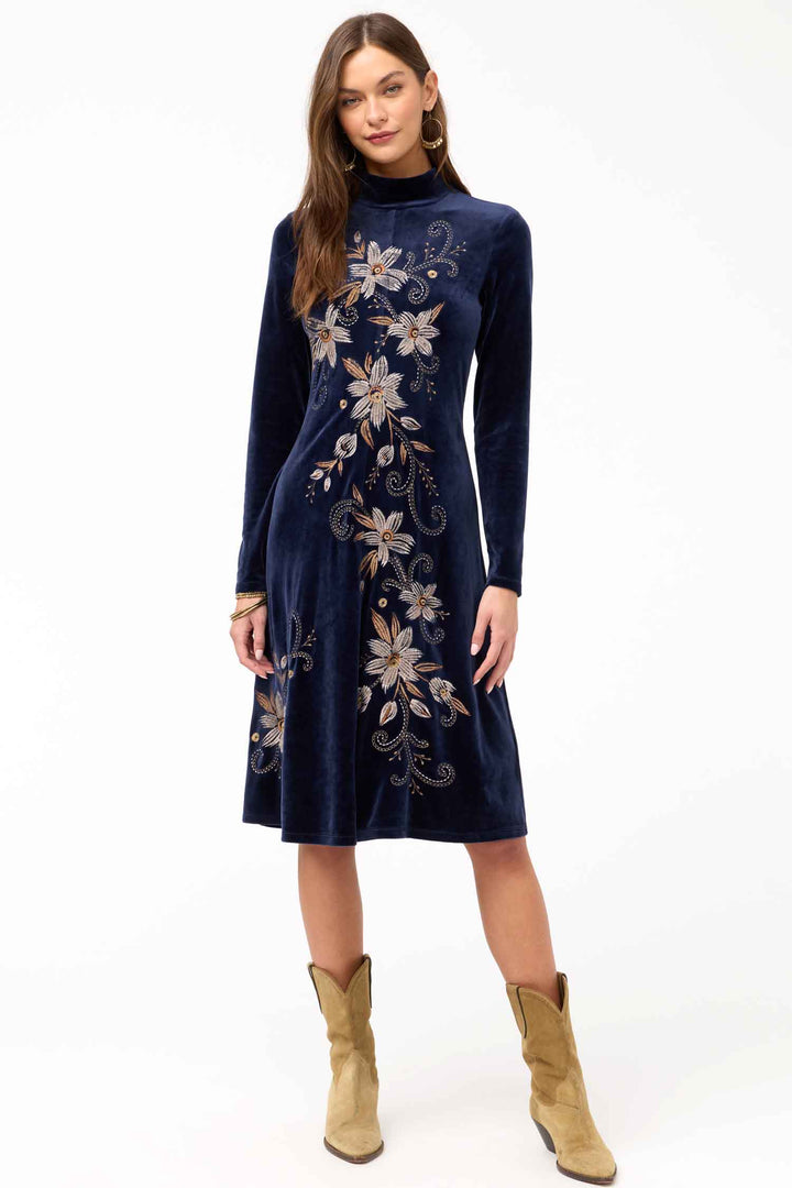 Corinthe Velour Mock Neck Dress in Midnight