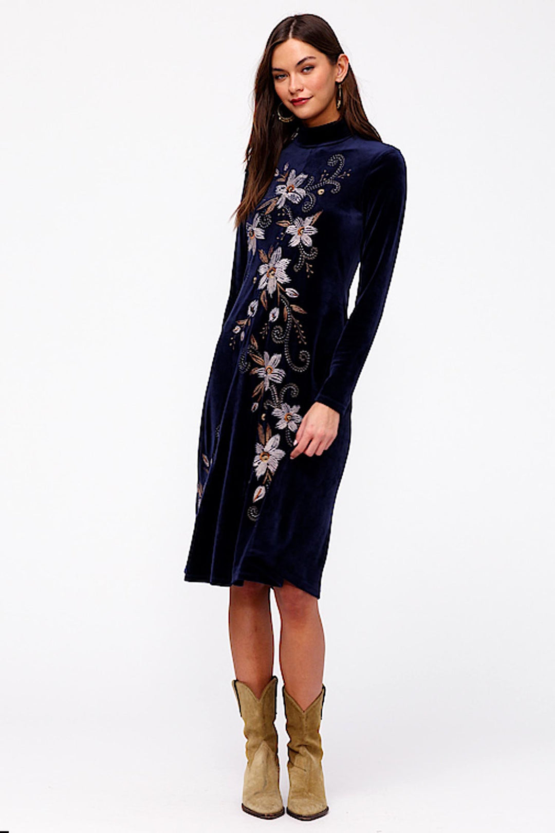 Corinthe Velour Mock Neck Dress in Midnight