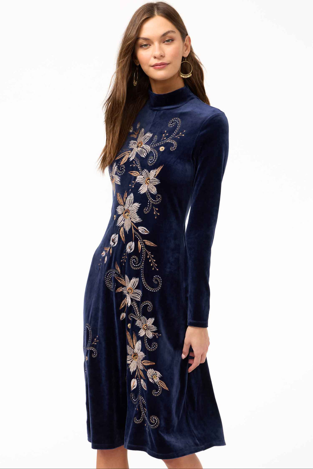 Corinthe Velour Mock Neck Dress in Midnight