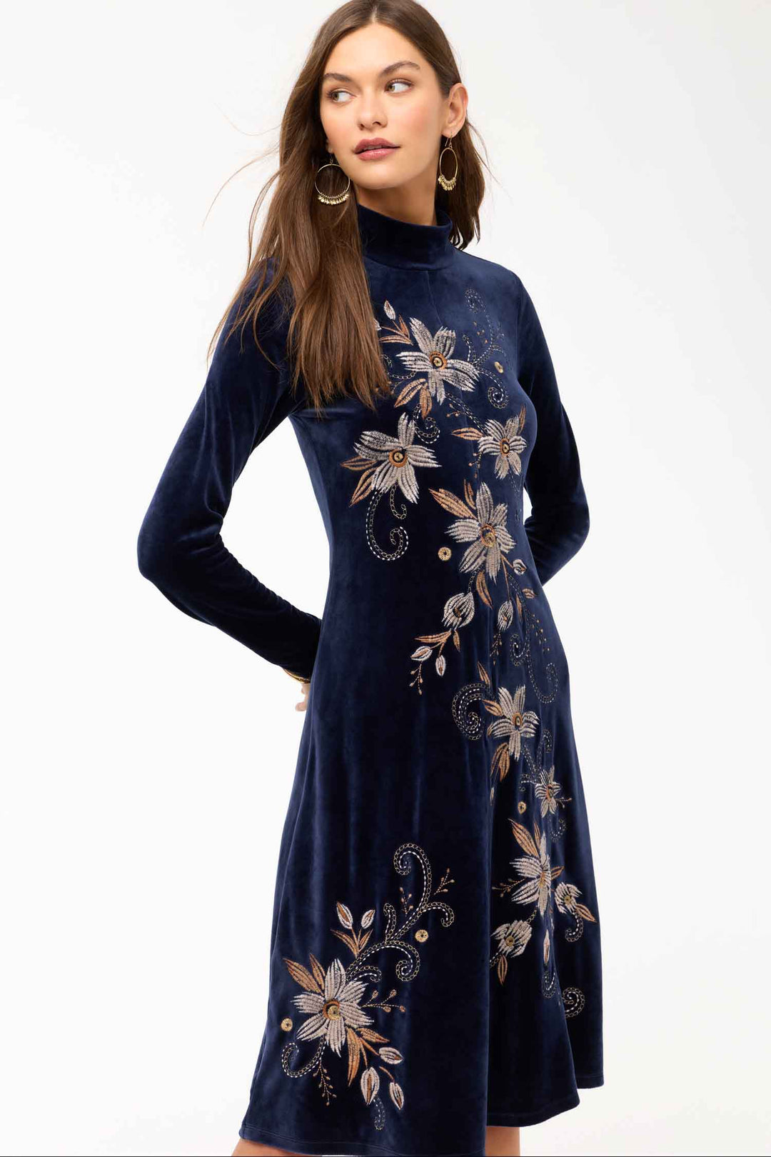 Corinthe Velour Mock Neck Dress in Midnight