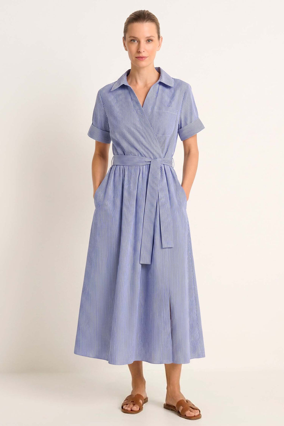 Cotton Striped Midi Dress in Midnight Blue