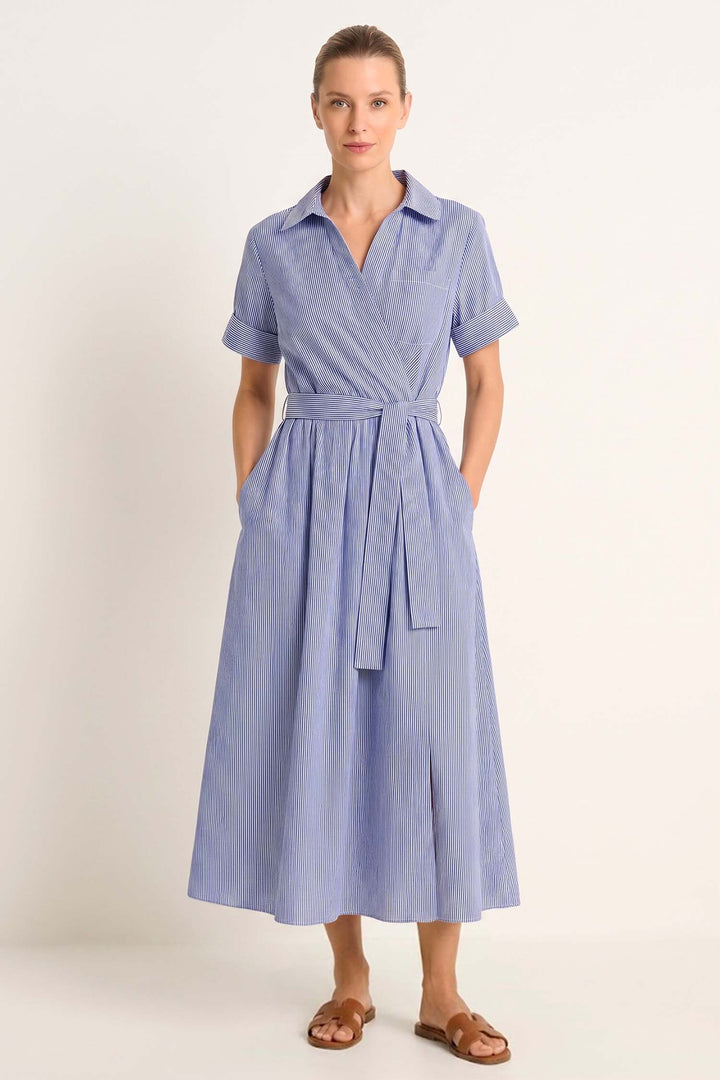 Cotton Striped Midi Dress in Midnight Blue