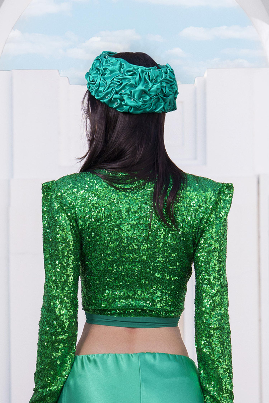 Crop Sequin Jacket in Emerald