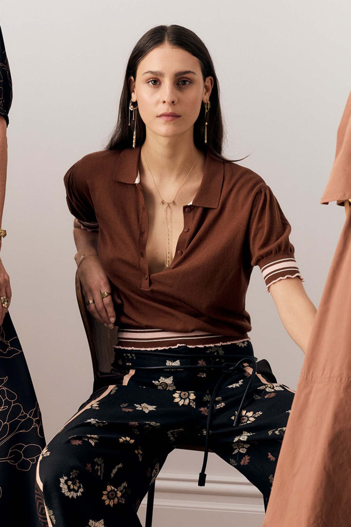 Dahlia Knit Polo in Toffee/Pink