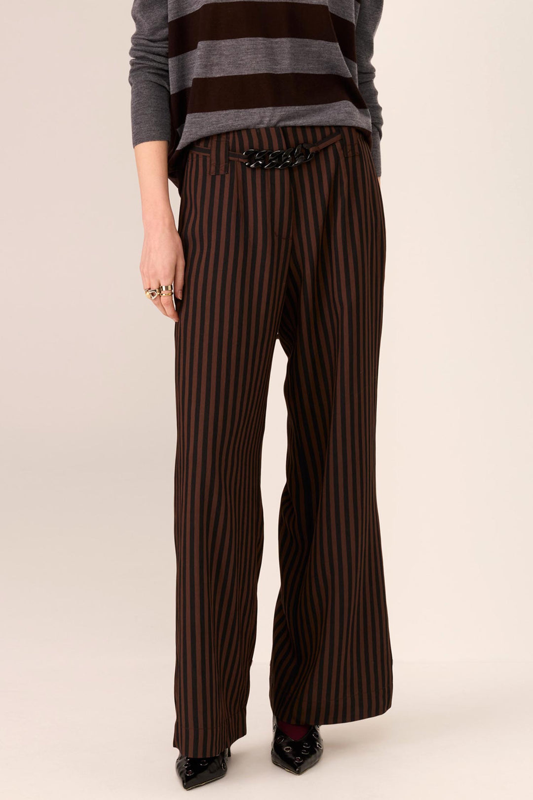 Dara Belted Pant in Choc/Black Stripe