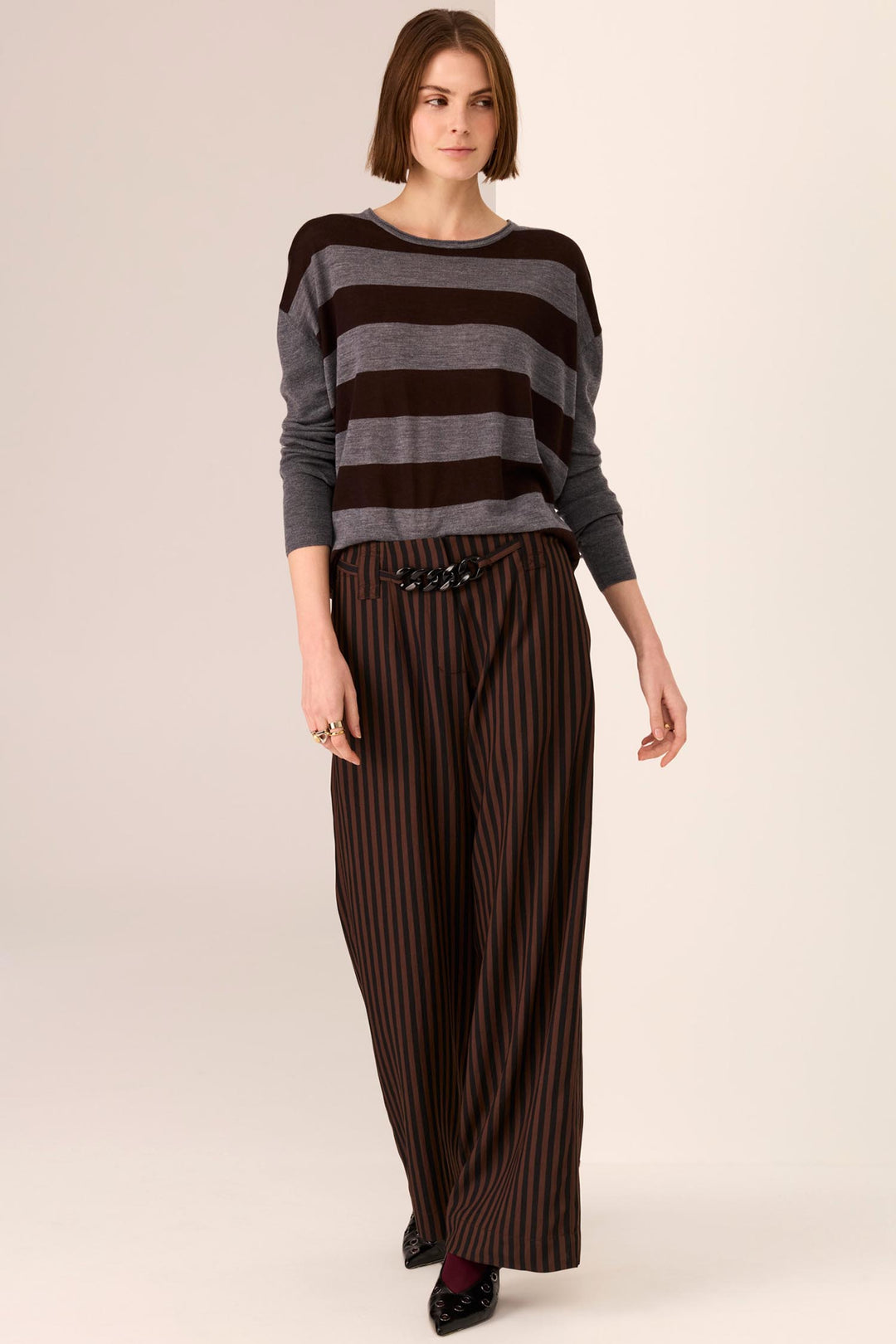 Dara Belted Pant in Choc/Black Stripe