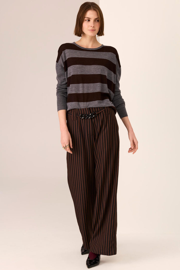 Dara Belted Pant in Choc/Black Stripe