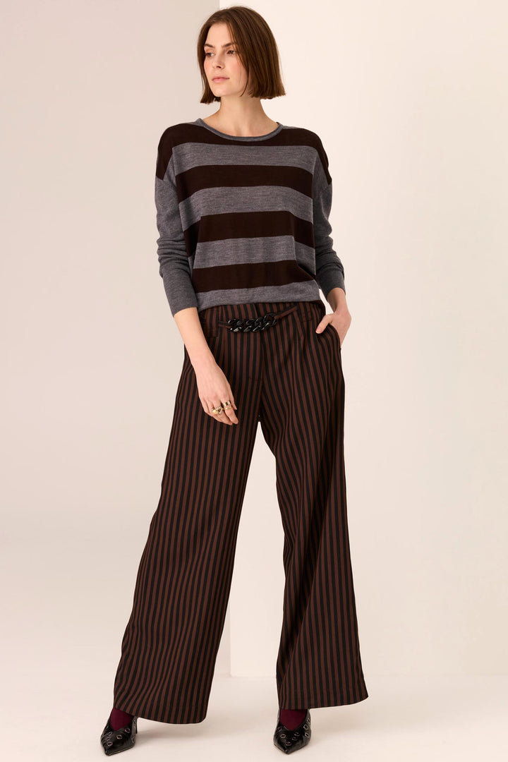 Dara Belted Pant in Choc/Black Stripe