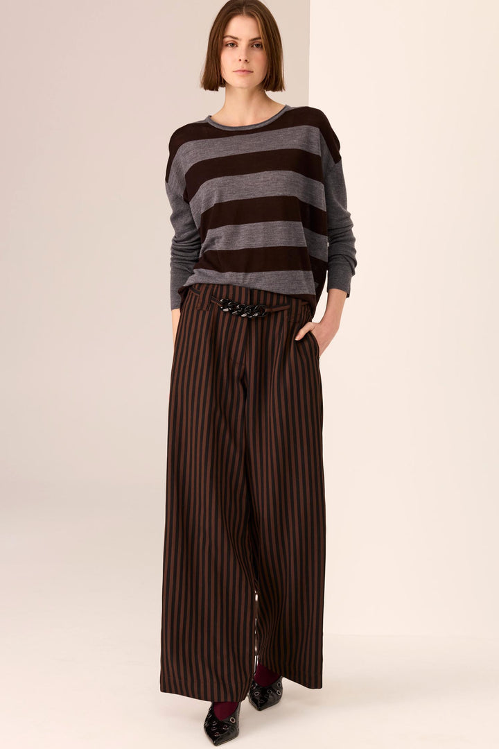 Dara Belted Pant in Choc/Black Stripe