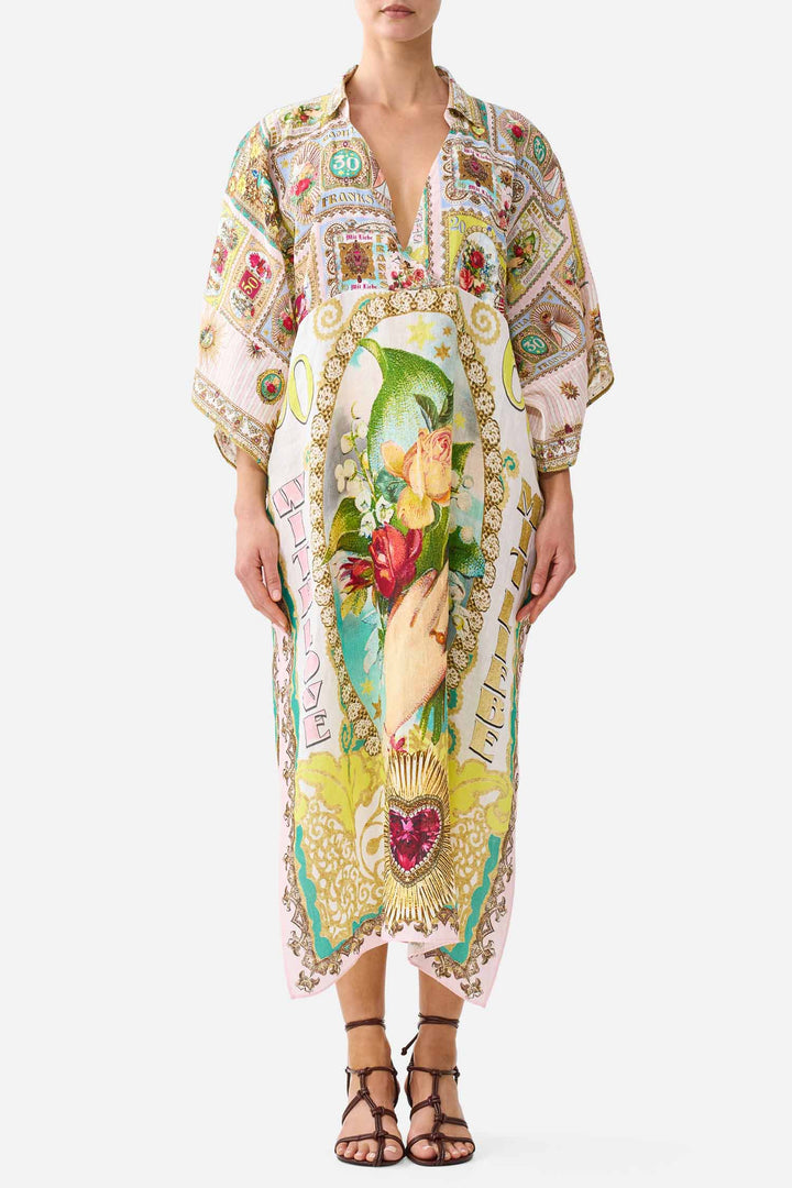 Deep V Neck Kaftan with Curved Seam in Painted Prayers