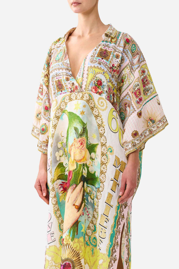 Deep V Neck Kaftan with Curved Seam in Painted Prayers