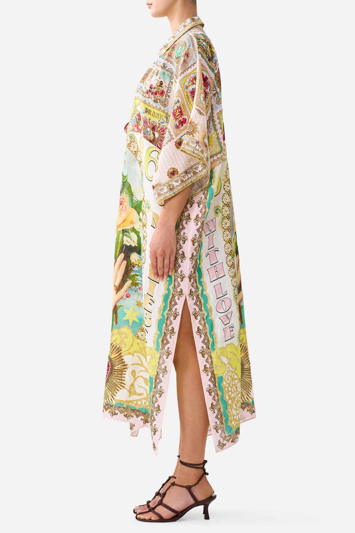 Deep V Neck Kaftan with Curved Seam in Painted Prayers