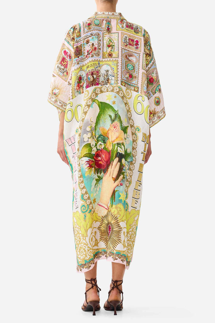 Deep V Neck Kaftan with Curved Seam in Painted Prayers