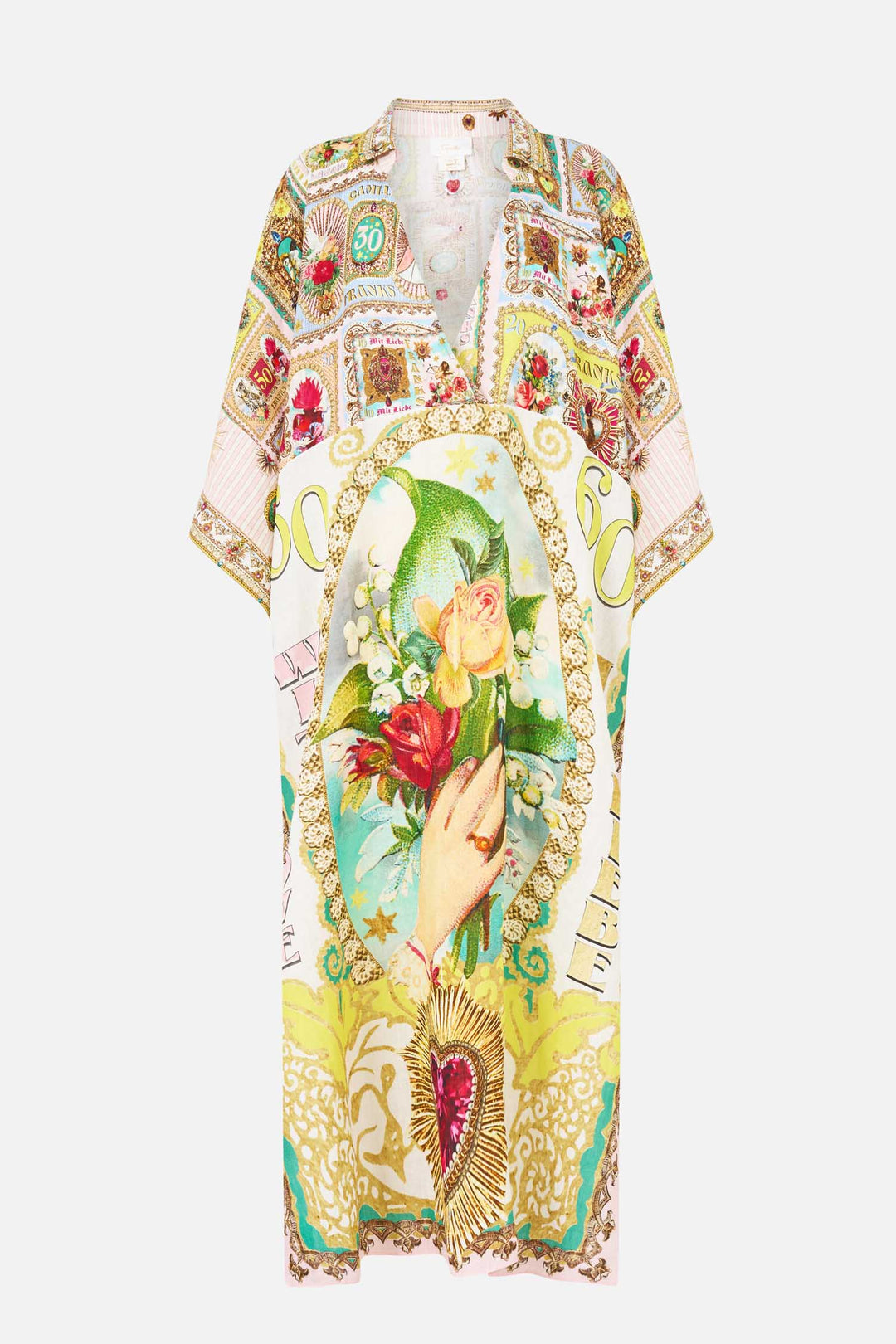 Deep V Neck Kaftan with Curved Seam in Painted Prayers