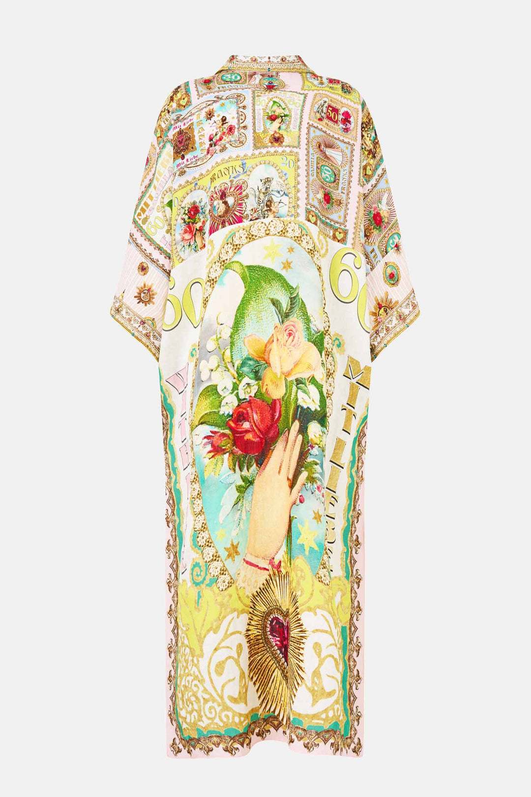 Deep V Neck Kaftan with Curved Seam in Painted Prayers