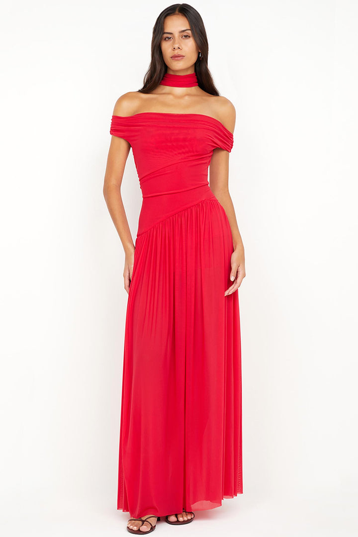 Deija Off Shoulder Maxi Dress in Strawberry