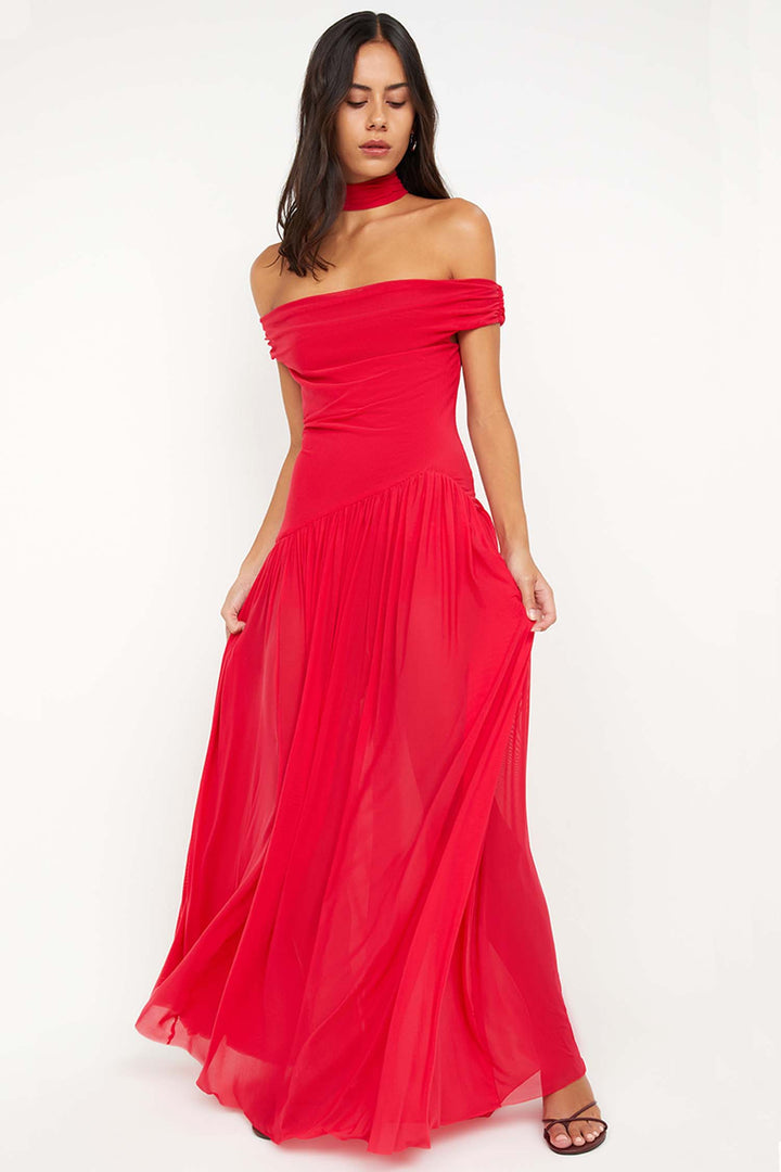 Deija Off Shoulder Maxi Dress in Strawberry