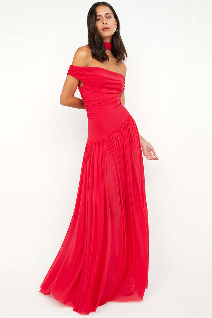 Deija Off Shoulder Maxi Dress in Strawberry