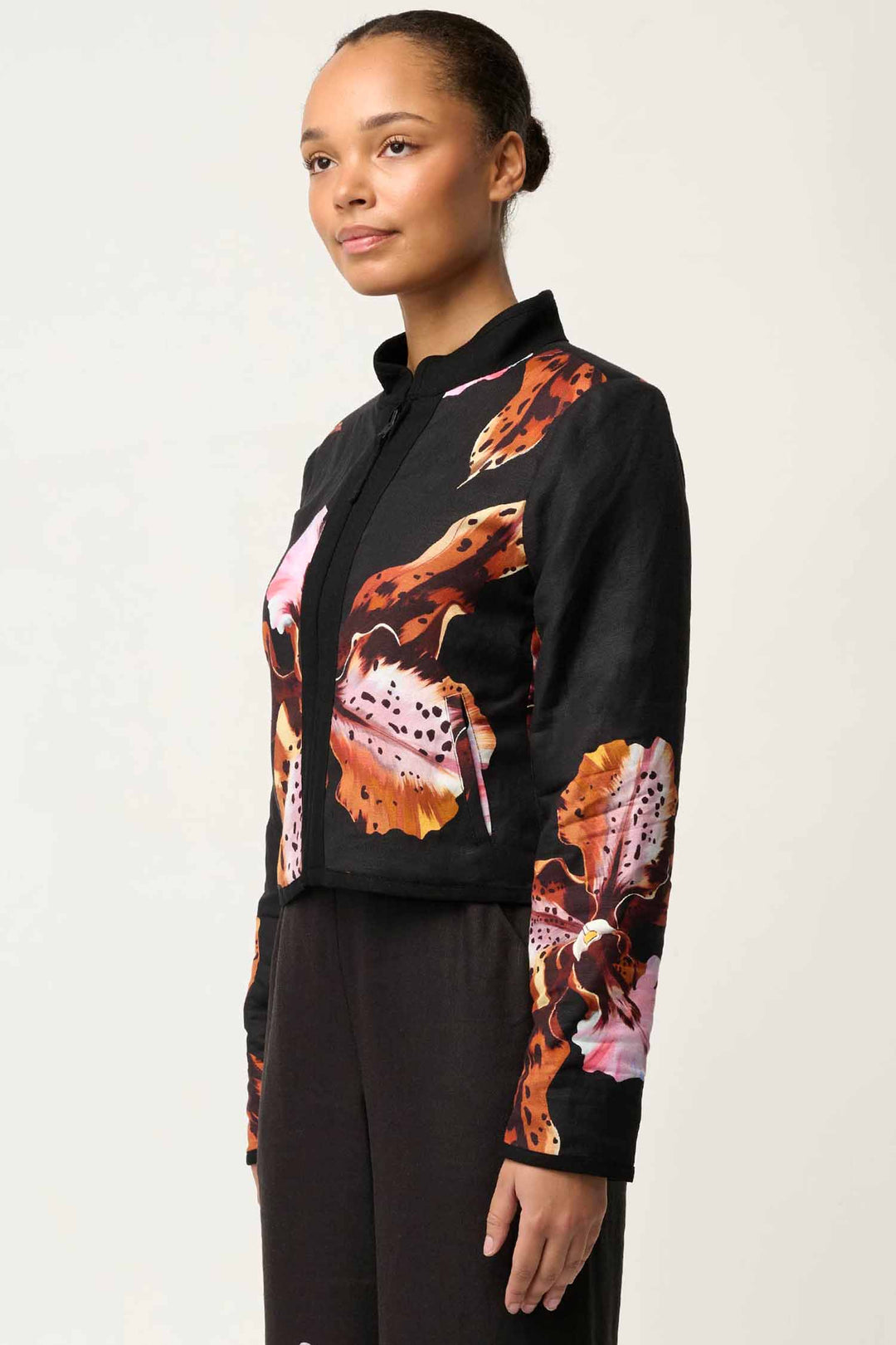 Delray Reversible Printed Placement Embroidered Jacket in Sunet Orchid/ Noir Orchid