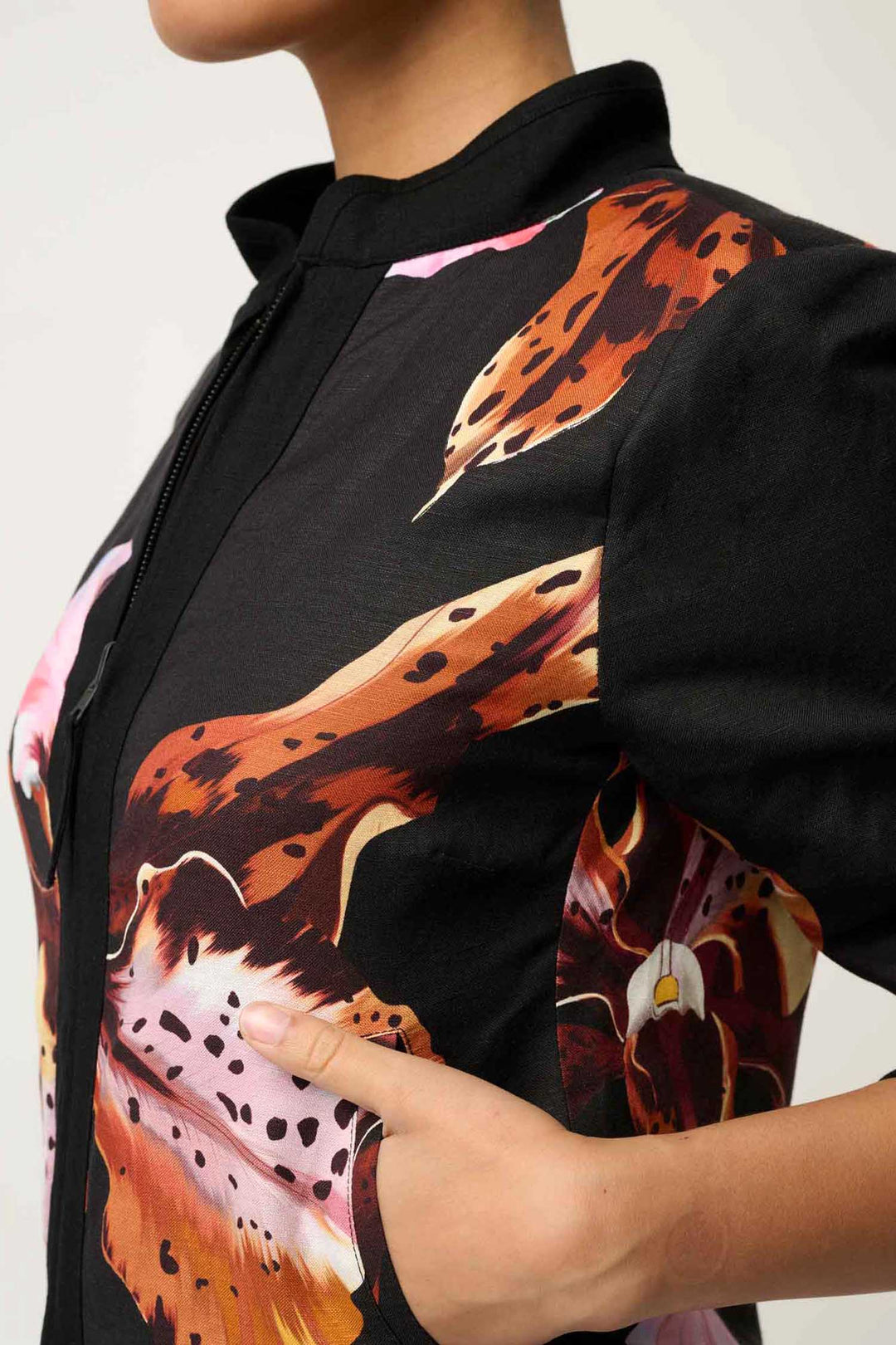 Delray Reversible Printed Placement Embroidered Jacket in Sunet Orchid/ Noir Orchid