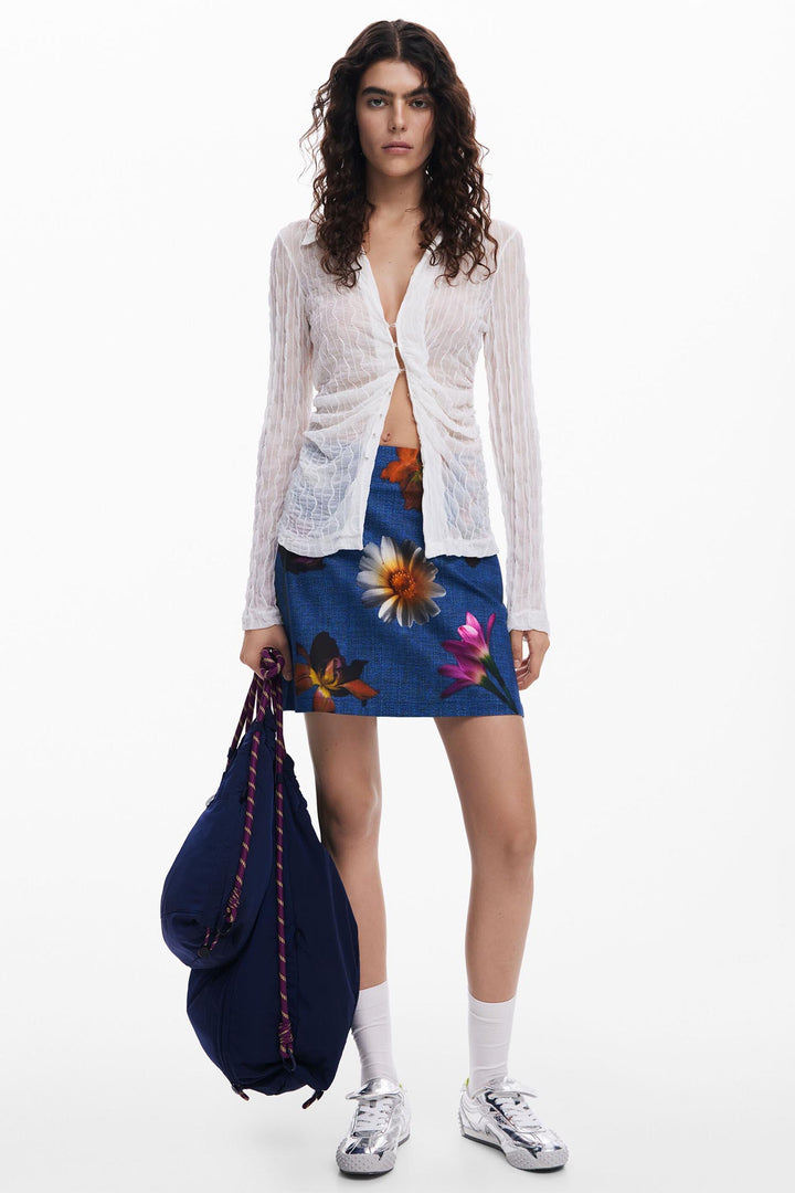 Denim Effect Floral Mini Skirt