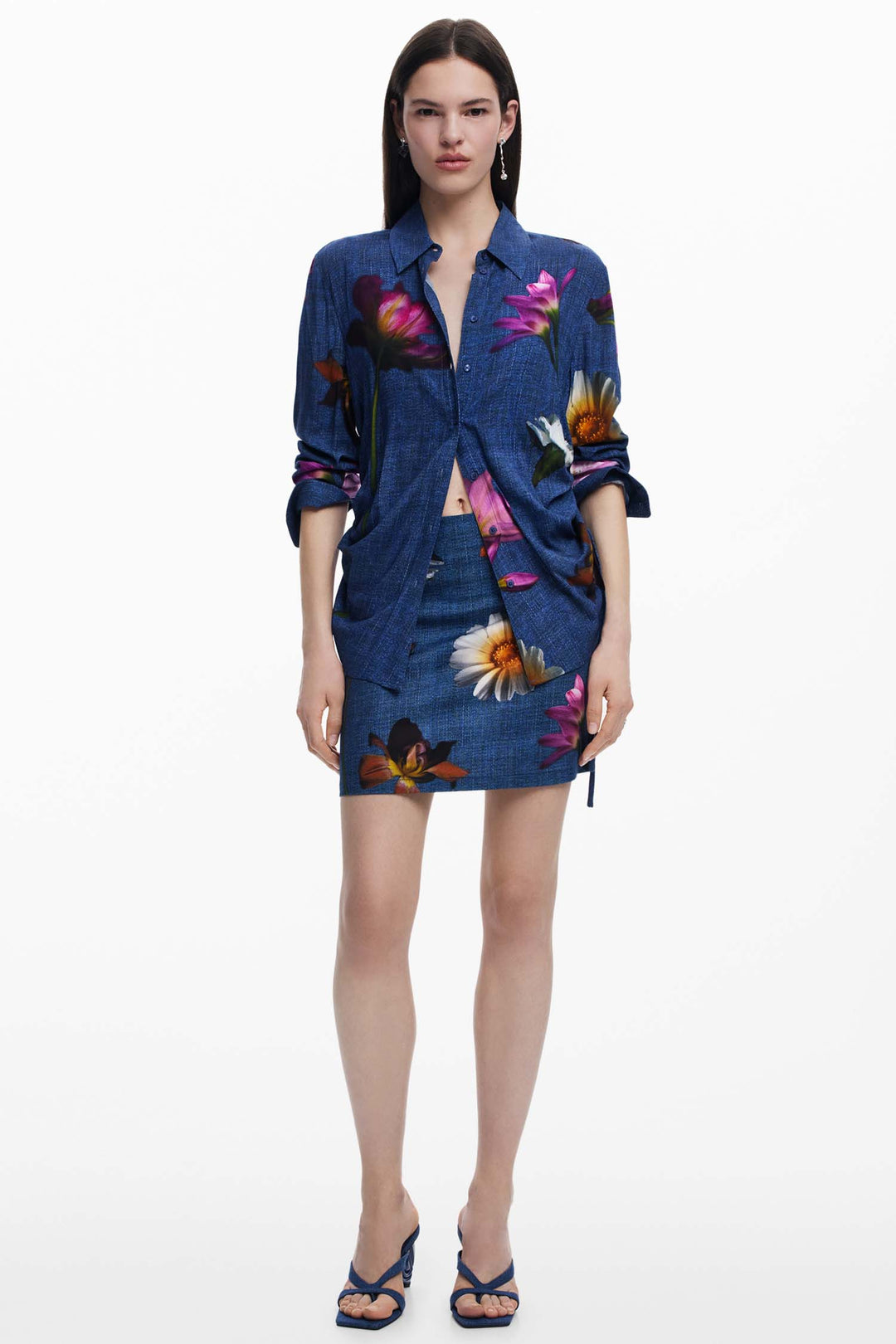 Denim Effect Floral Mini Skirt