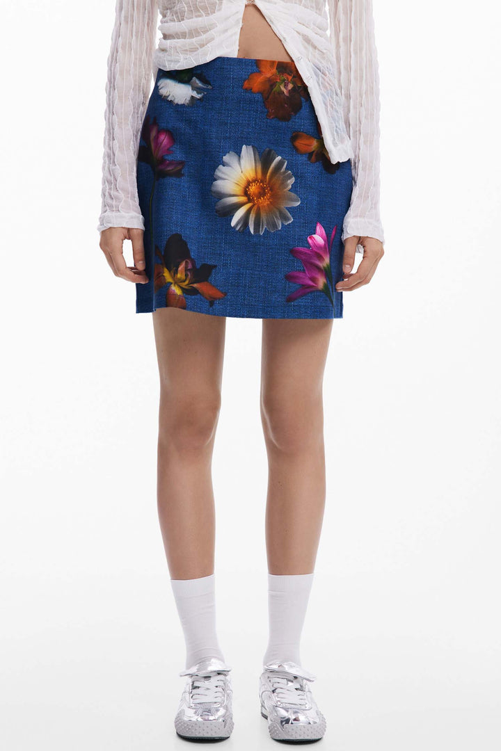 Denim Effect Floral Mini Skirt