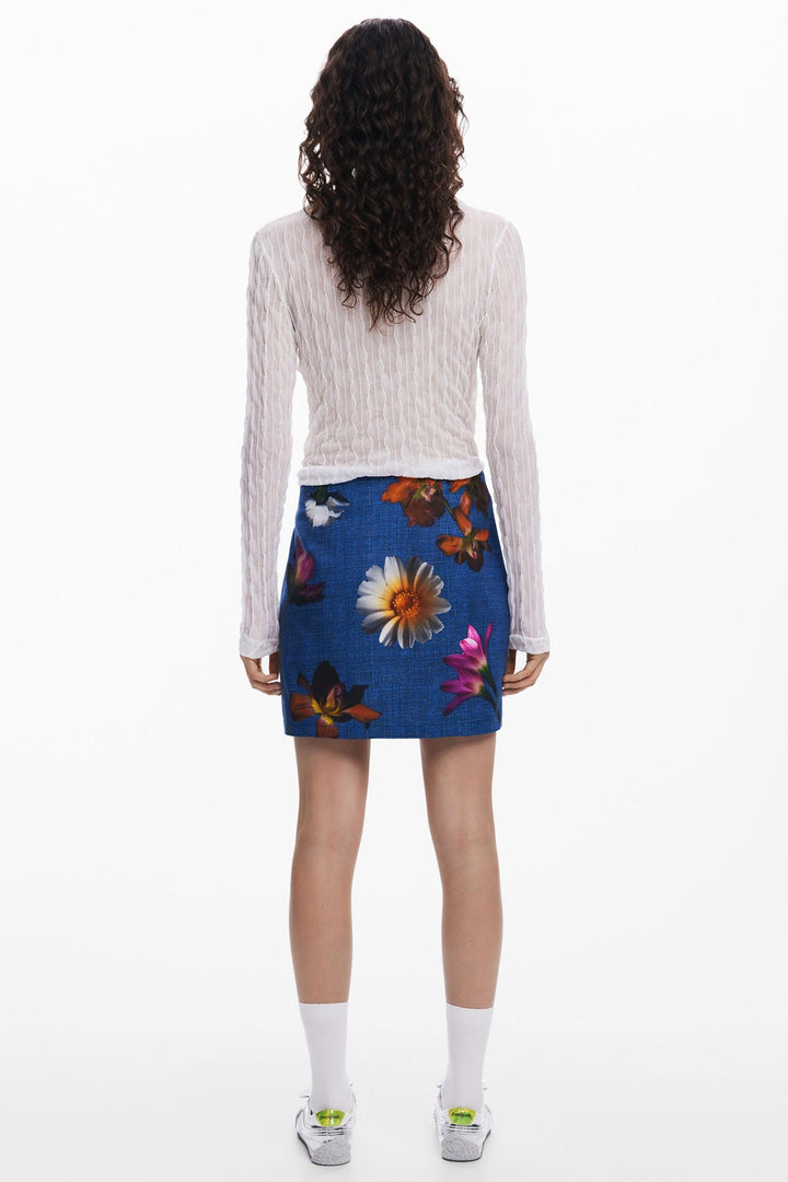 Denim Effect Floral Mini Skirt