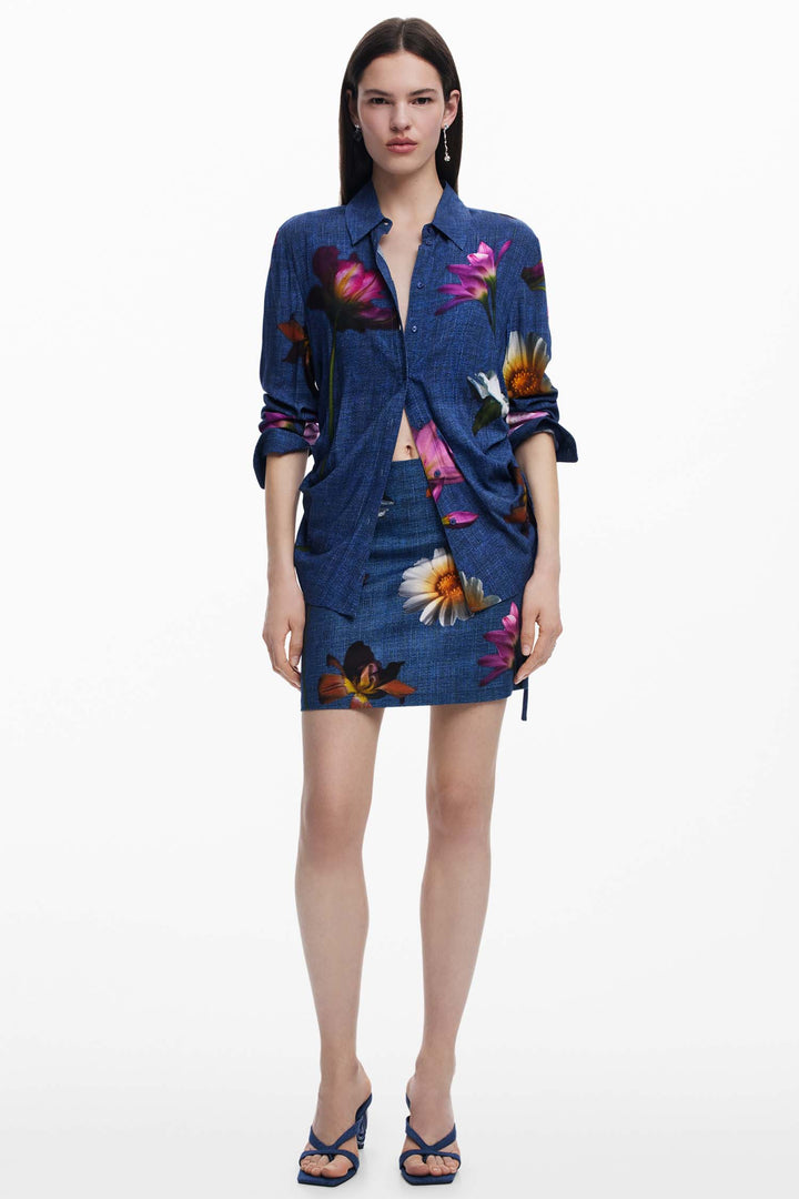 Denim Effect Floral Shirt