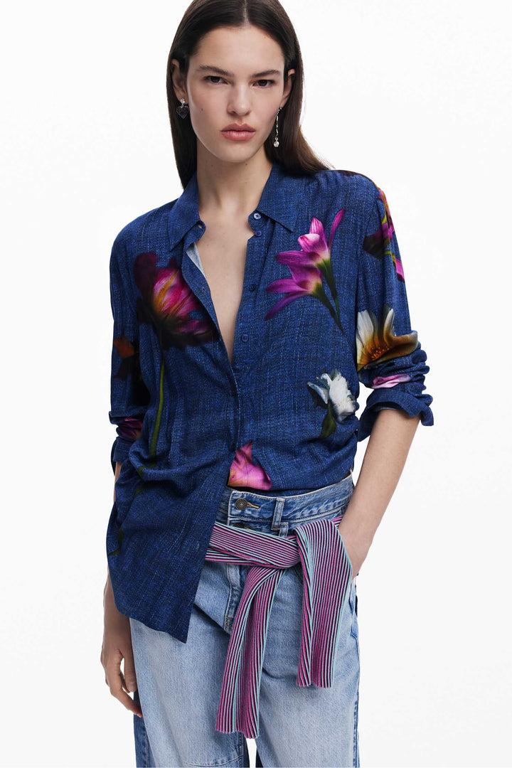 Denim Effect Floral Shirt