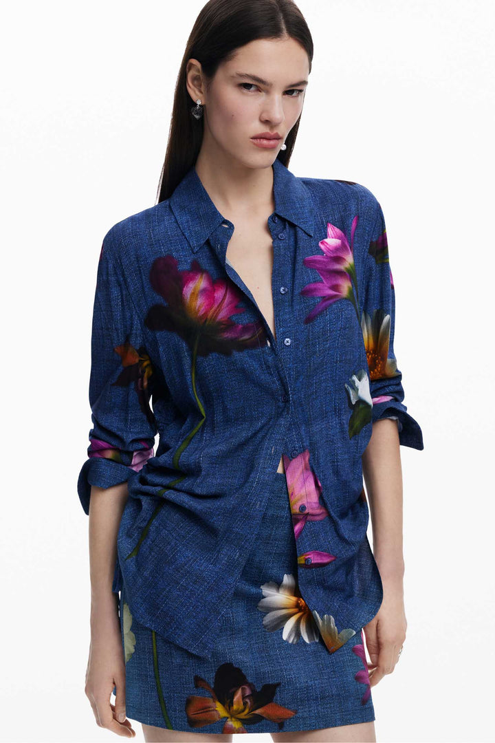 Denim Effect Floral Shirt
