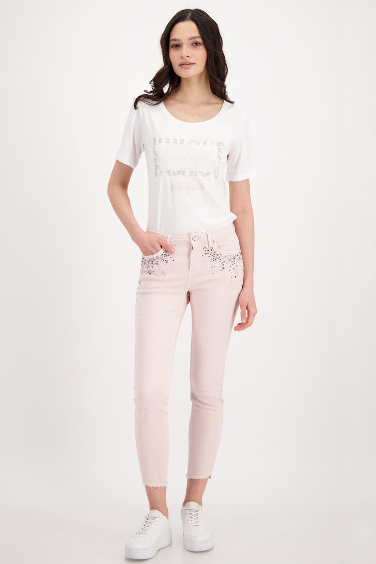 Destroyed Jeans w Rhinestone in Light Rose