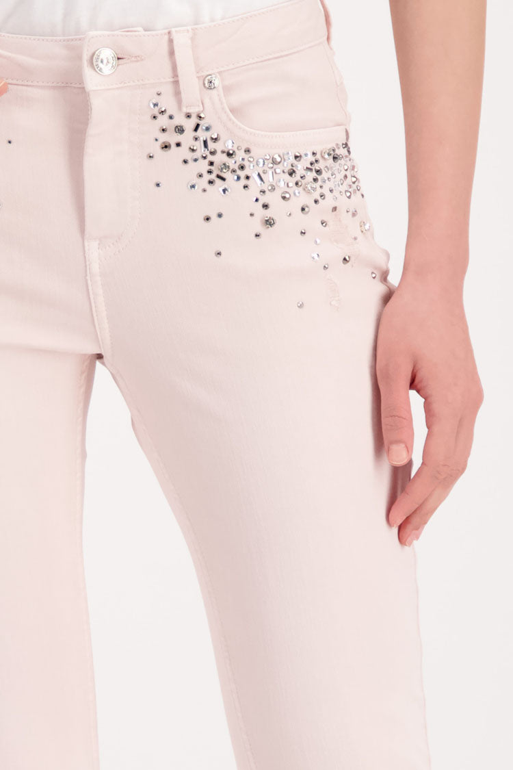 Destroyed Jeans w Rhinestone in Light Rose