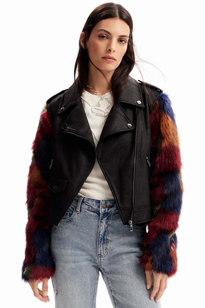 Detachable Fur-effect Biker Jacket